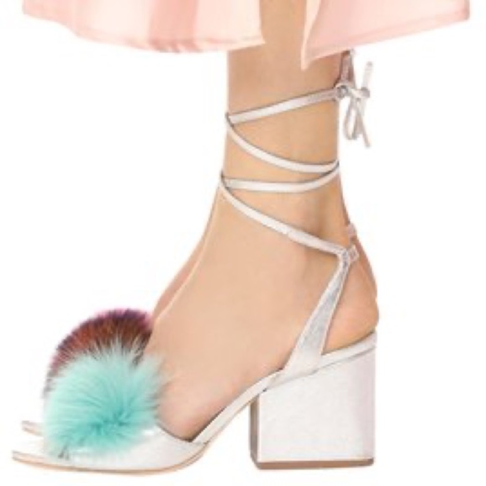 $495 NEW Loeffler Randall Nicky fur pom pom fur silver leather chunky heel 7 7.5 - Picture 2 of 10